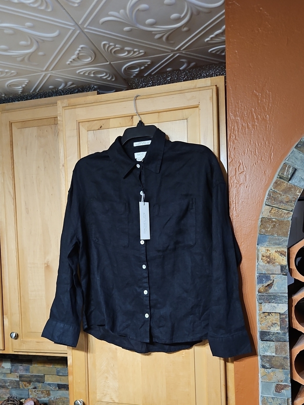 Rachel Zoe Black Linen Long Sleeve Button Up Shirt Top Pockets NWT